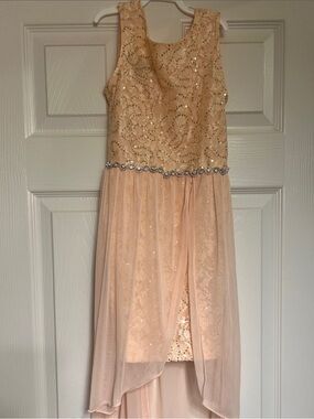 Sleeveless Peach Sequin & Lace High-Low Girls' Formal Dress